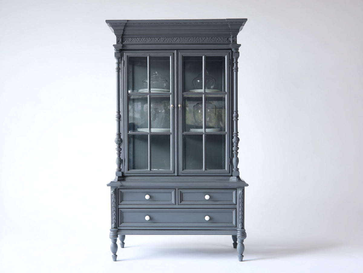 Vitrine - bois - verre - 100x44x194 cm - gris anthracite - style classique sculpté