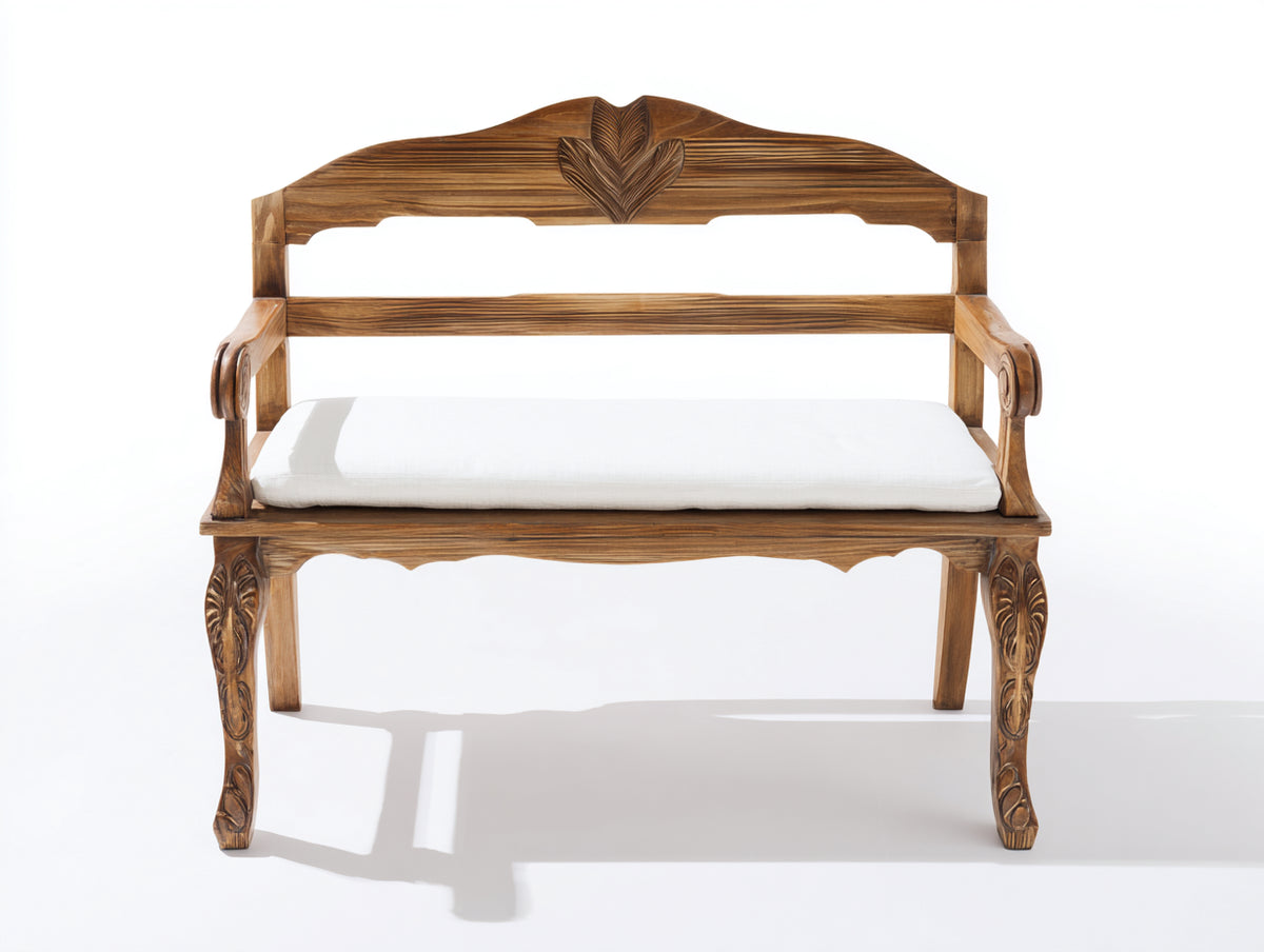 Banc de jardin - Bois-Textile - 120 x 55 x 95 cm - Brun-Blanc - Style vintage sculpté