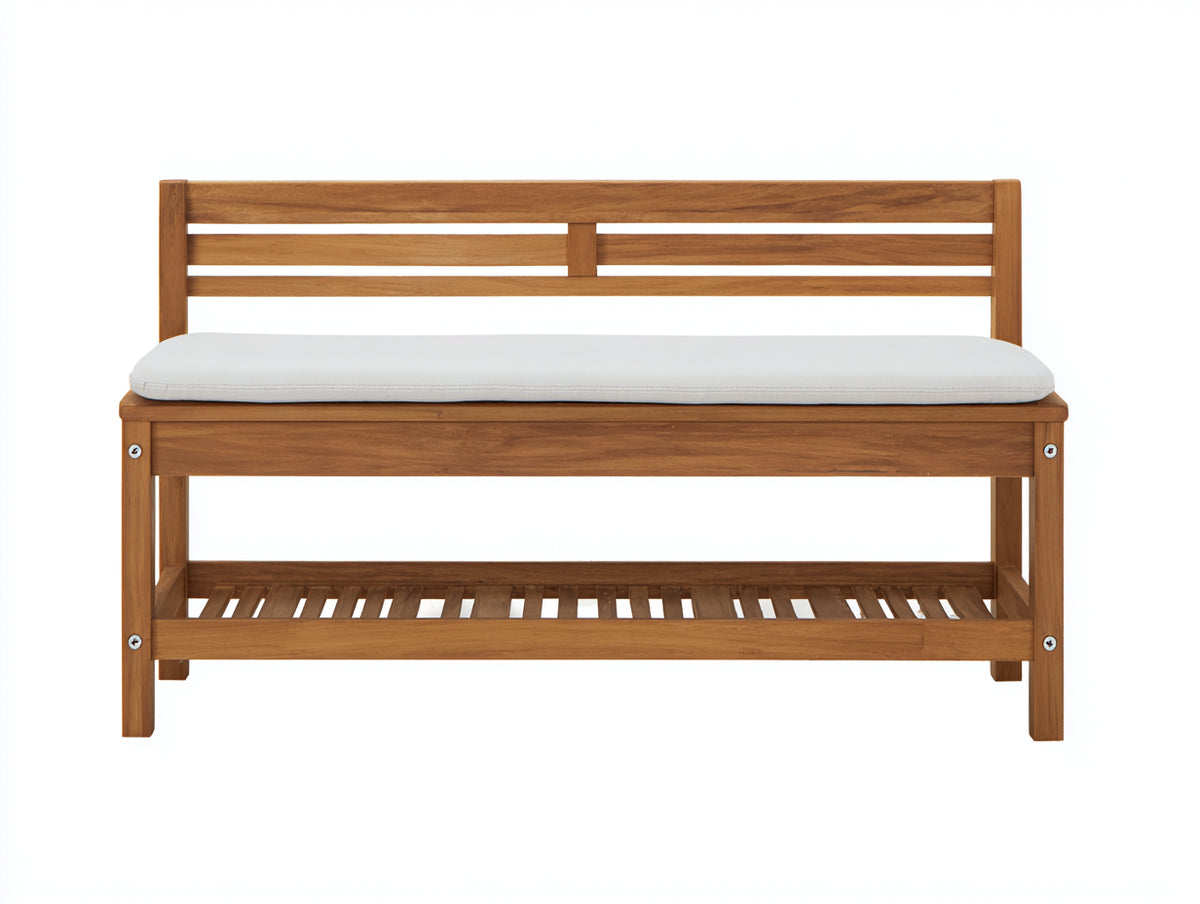 Banc de jardin - bois - tissu - 150x60x85 cm - bois naturel-blanc - style épuré à dossier ajouré